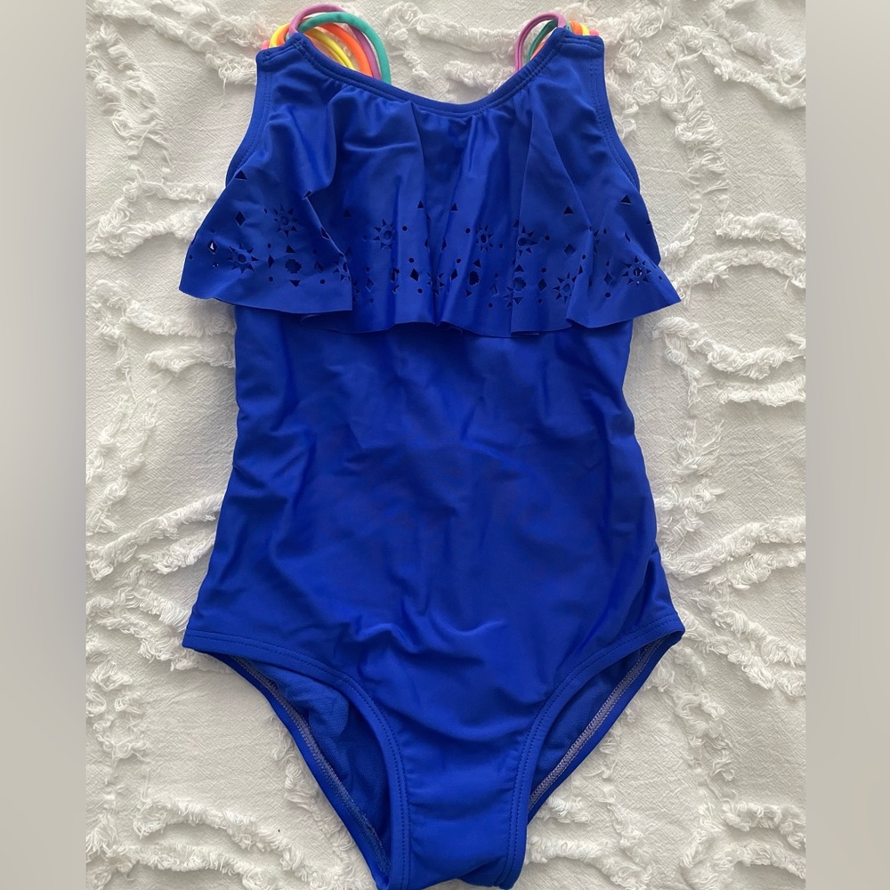 New Girls Cat & Jack Blue Swimsuit, Colorful Straps, Size Small 6-6x